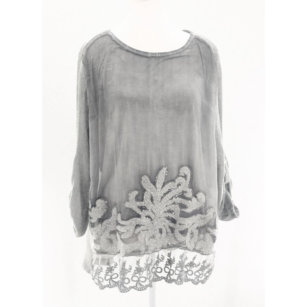 Belle France Gray Layered Sweater Sequins Embroidered Lace Made Italy Size S/M